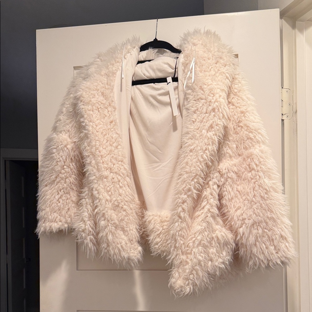 Women's Cream Faux Fur Jacket with hood